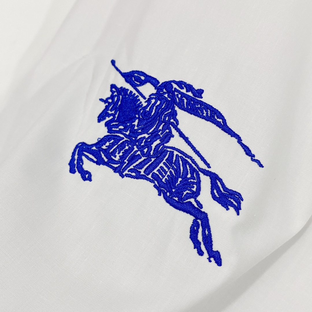 New White Cotton Silk Shirt with Blue Line Embroidery for Fashionable Men and Women - 图片 6