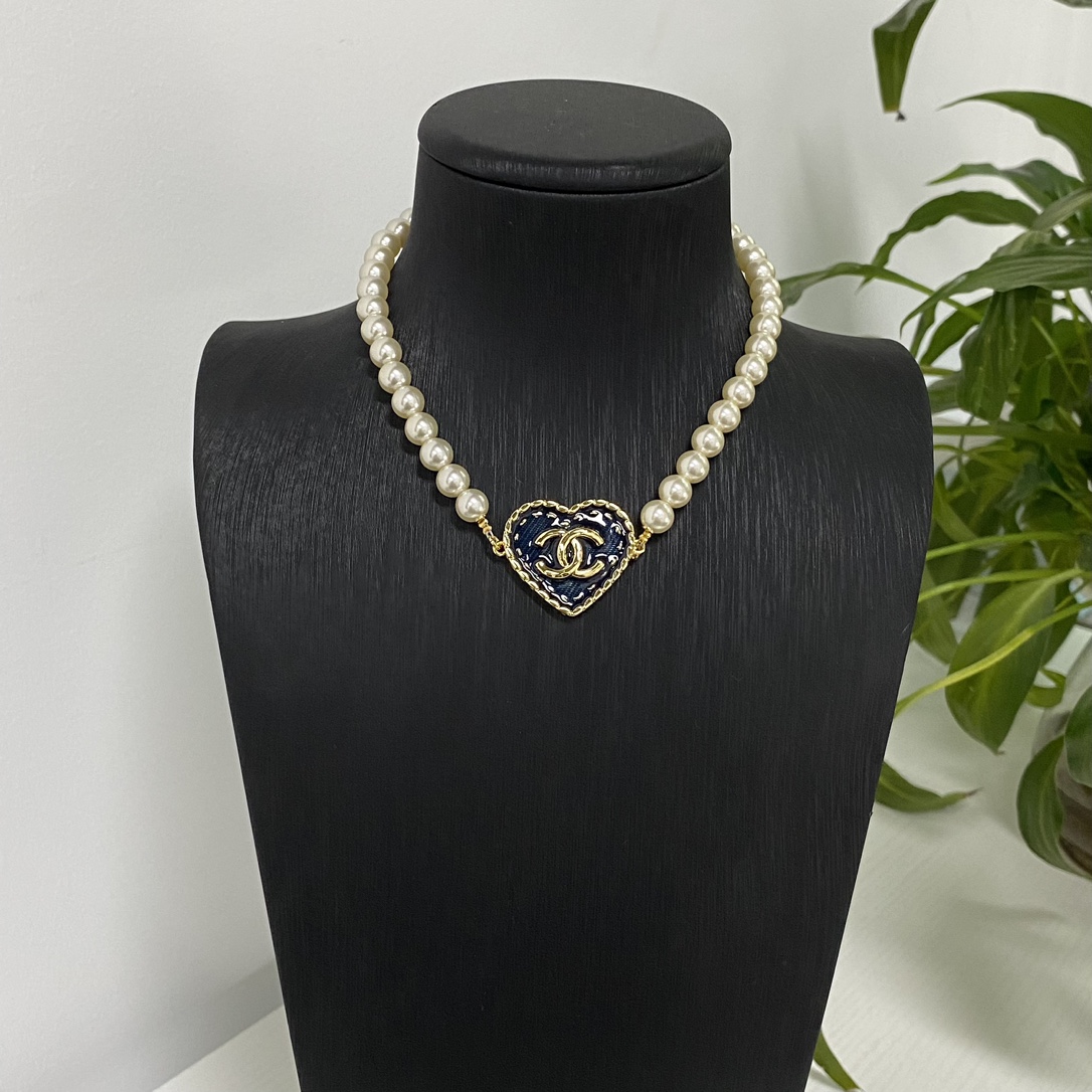 NO:102390,Xiaoxiang love denim pearl necklace, Chanel necklace, chanel, necklace19860909小香爱心牛仔珍珠项链,香奈儿项链,chanel,necklace,Jewelry