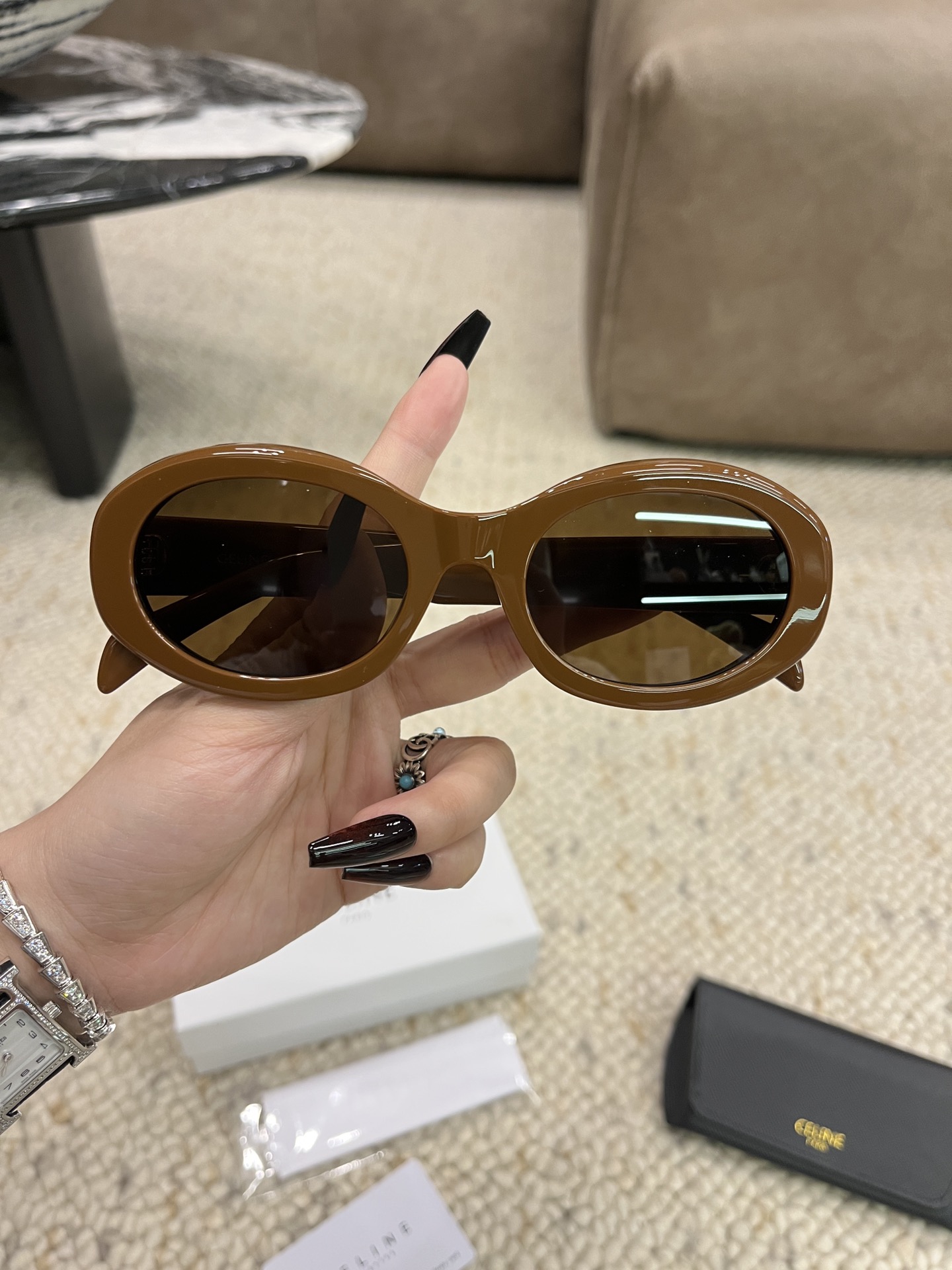 CELINE Sunglasses Brown Acetate Oval