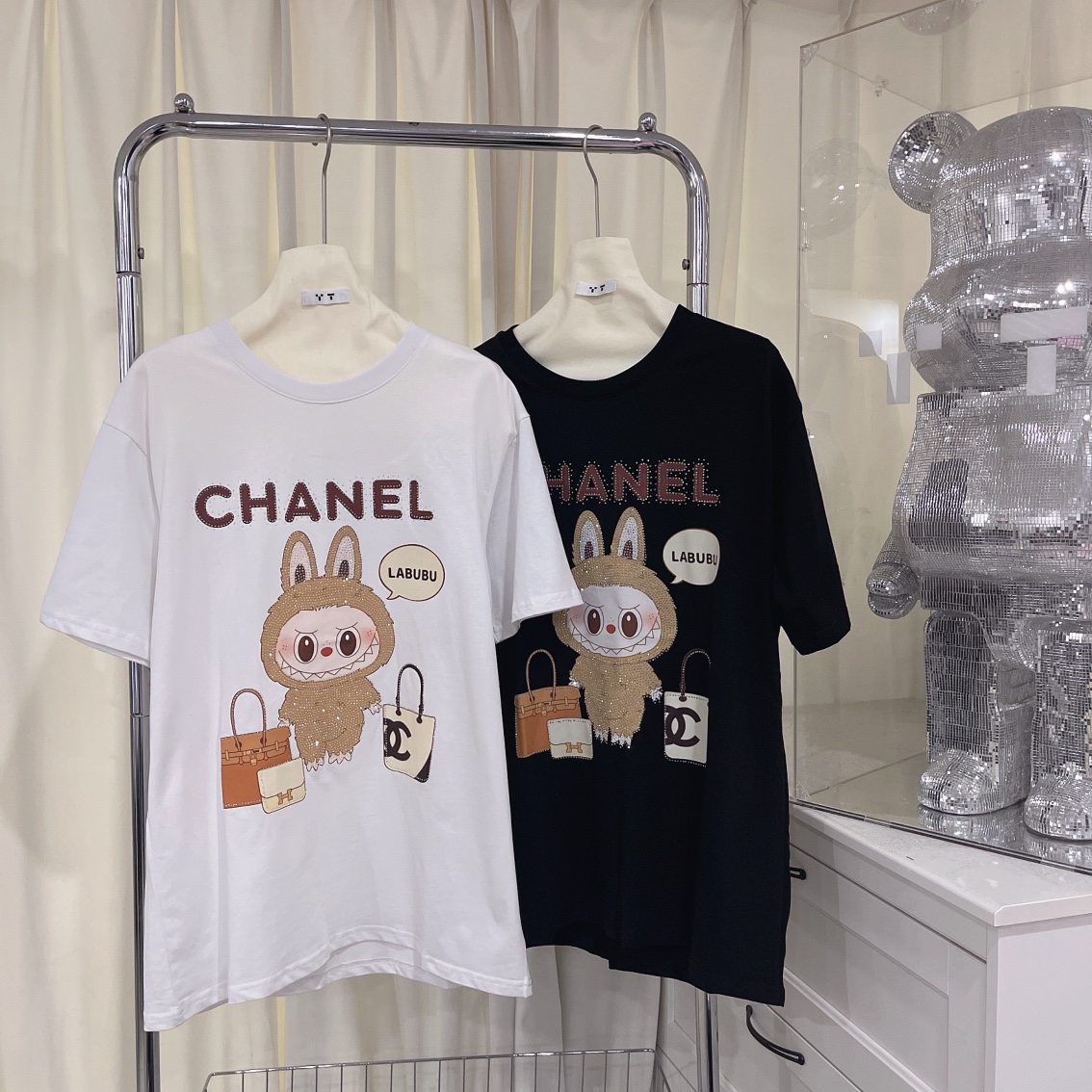 Chanel Replica
 Clothing T-Shirt Black White Printing Summer Collection Short Sleeve