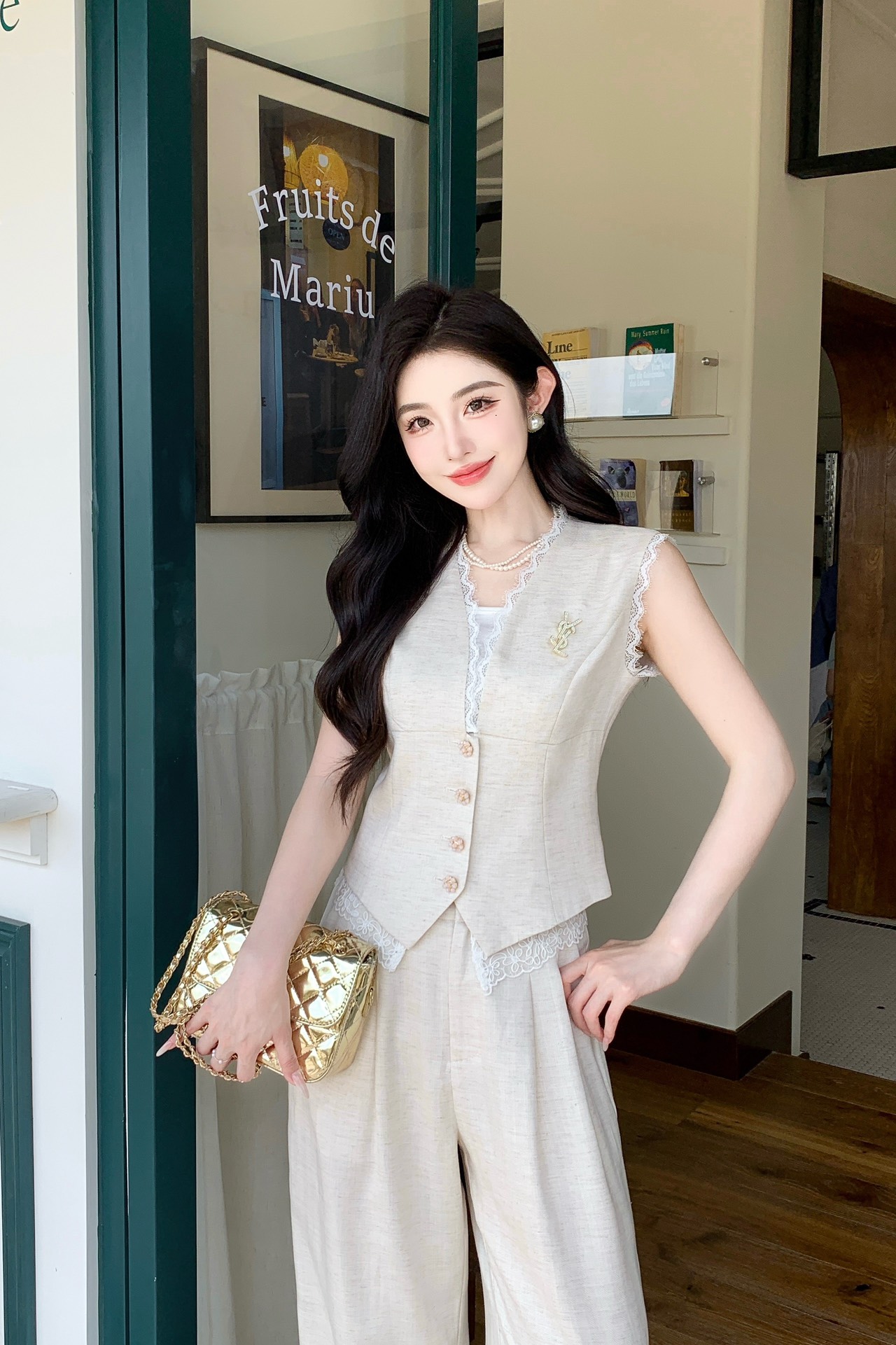 NO:407991,Model number G25051384 Saint Laurent YSL new high-end custom cotton and linen fashion set!  Lace lace spliced ​​slim fit and buckle V-neck vest top with high waist and wide-leg trousers!  Yellow, khaki, 36.38.40.42 (38 size bust 90, front cloak length 53/47; waist cloak 74, hip cloak 104, pants length 104) hair, saint laurent, saint laurent, alexander wang19860909款号G25051384 圣罗兰YSL新款高端定制棉麻时尚套装！蕾丝花边拼接修身显瘦系扣V领马甲上衣高腰显瘦阔腿长裤！黄色、卡其色、36.38.40.42（38码胸围90,前衣长53/47；腰围74,臀围104,裤长104）发,,saint laurent,saint laurent,alexander wang,Women's clothing