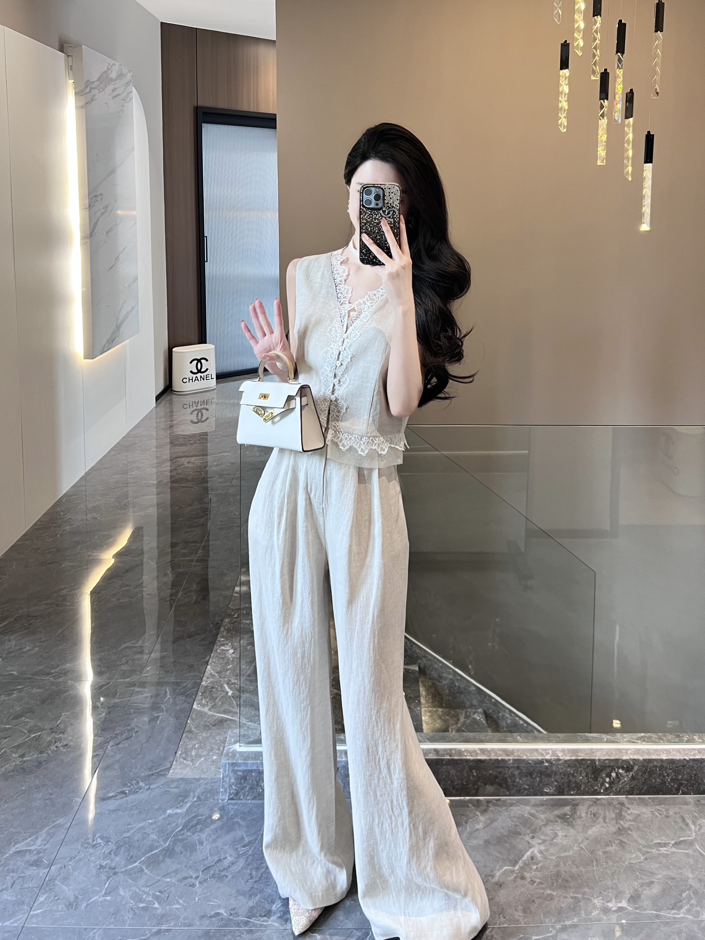 NO:332113,Model number G25051045 Dio* new high-end custom Tennis linen two-piece set!  Lace lace spliced ​​V-neck vest top with high waist pleated fashionable wide-leg pants and trousers!  Khaki, yellow, (Size bust 88, 48 length; waist 70, trousers 104) hair, dior, alexander wang19860909款号G25051045 Dio*新款高端定制天丝亚麻两件套装！蕾丝花边拼接V领马甲上衣高腰压褶时尚阔腿裤长裤！卡其色、黄色、（S码胸围88,衣长48；腰围70,裤长104）发,,dior,alexander wang,Women's clothing