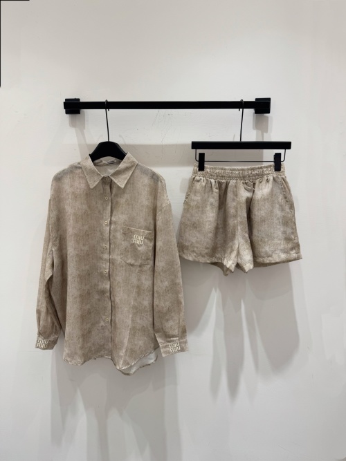 Miu Miu Women's Beige Sun Protection Shirt and Shorts Set - Summer Outfit 1 Miu Miu Women's Beige Sun Protection Shirt and Shorts Set - Summer Outfit