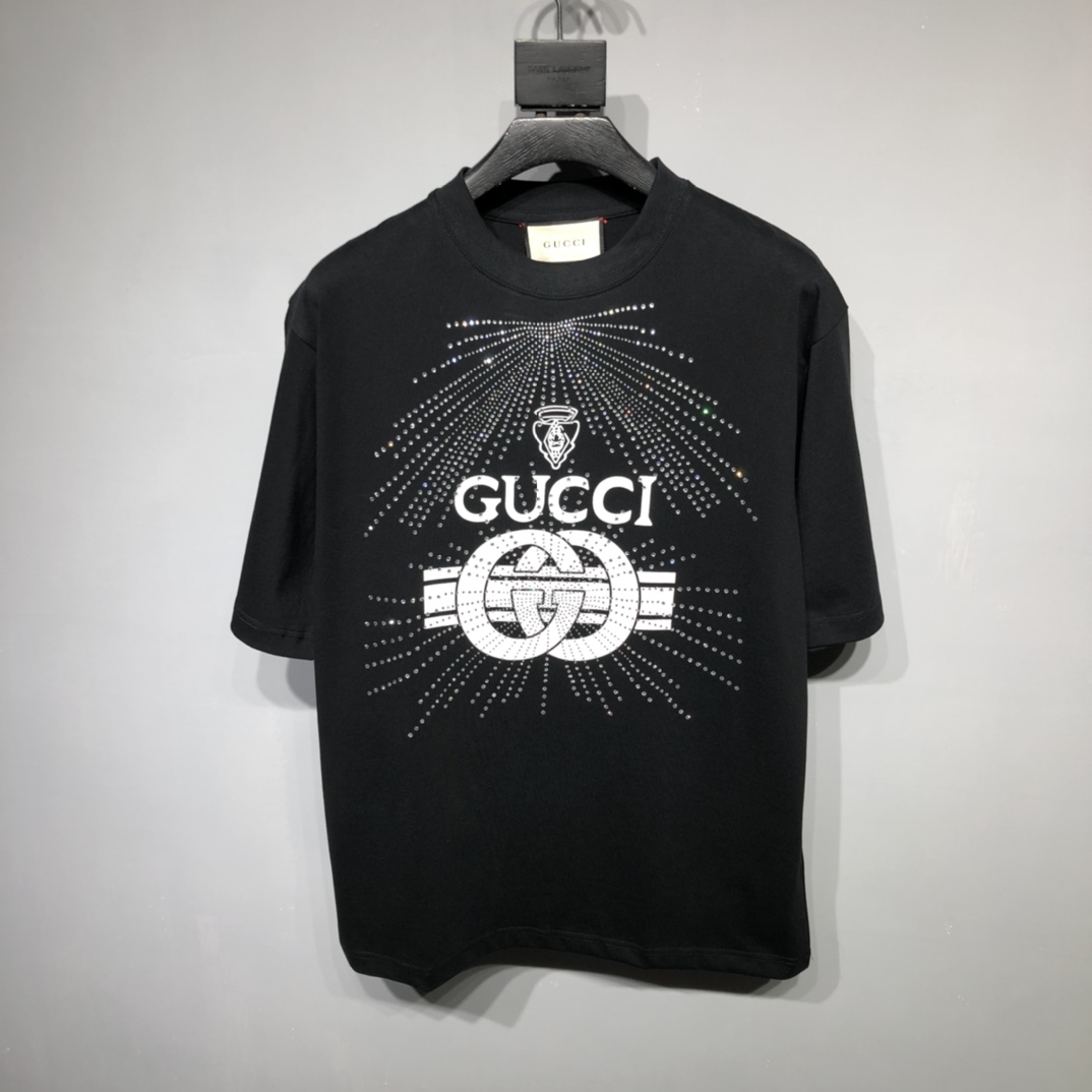 Gucci Odzież T-Shirt Czarny Biały Drukowanie Unisex Bawełna Kolekcja wiosenno-letnia Krótki rękaw