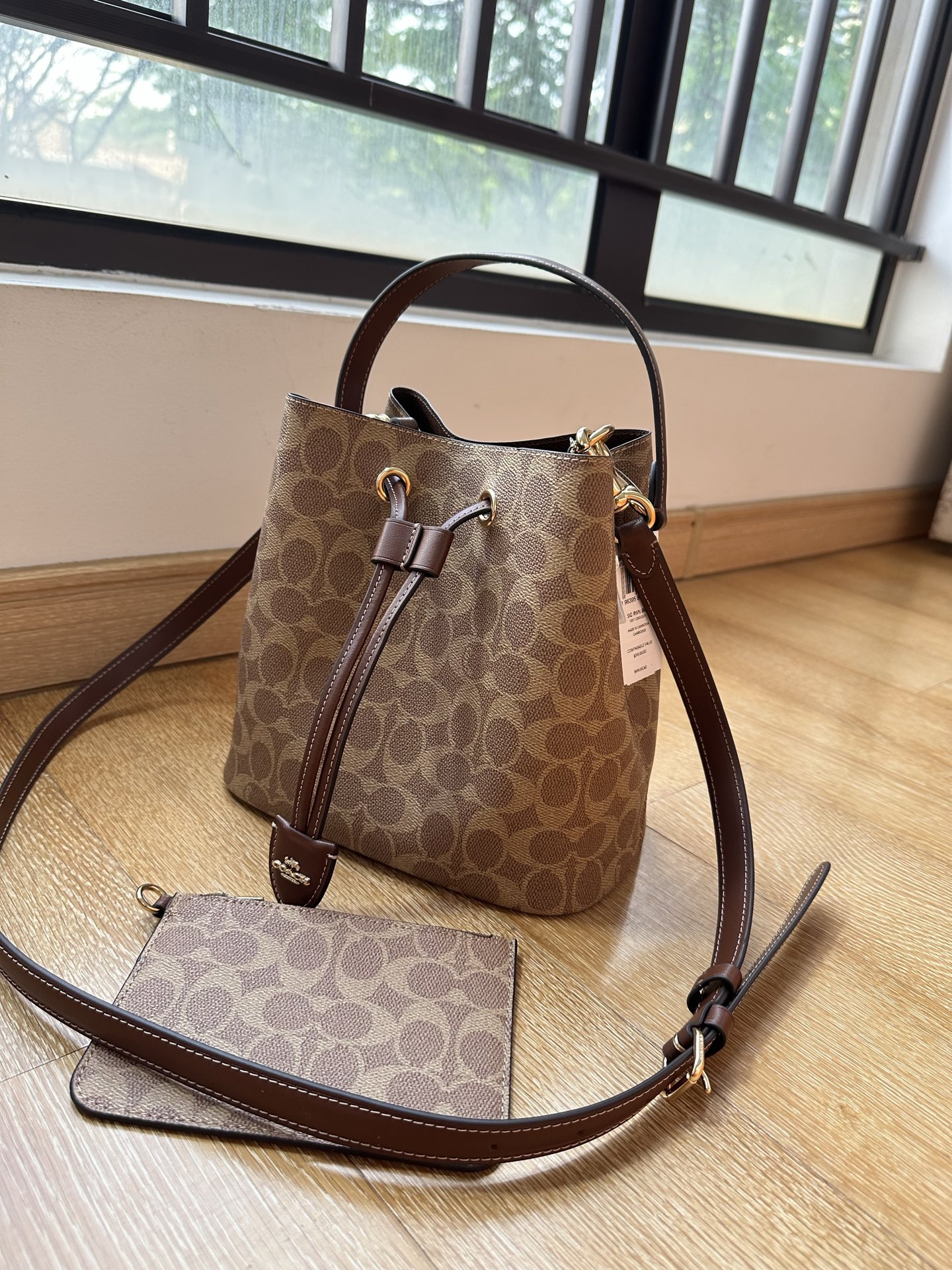 Coach 纯原Coach蔻驰CBH07焦糖色 老花Rowan抽绳单肩斜挎水桶包 子母包 搭配可拆卸长短带