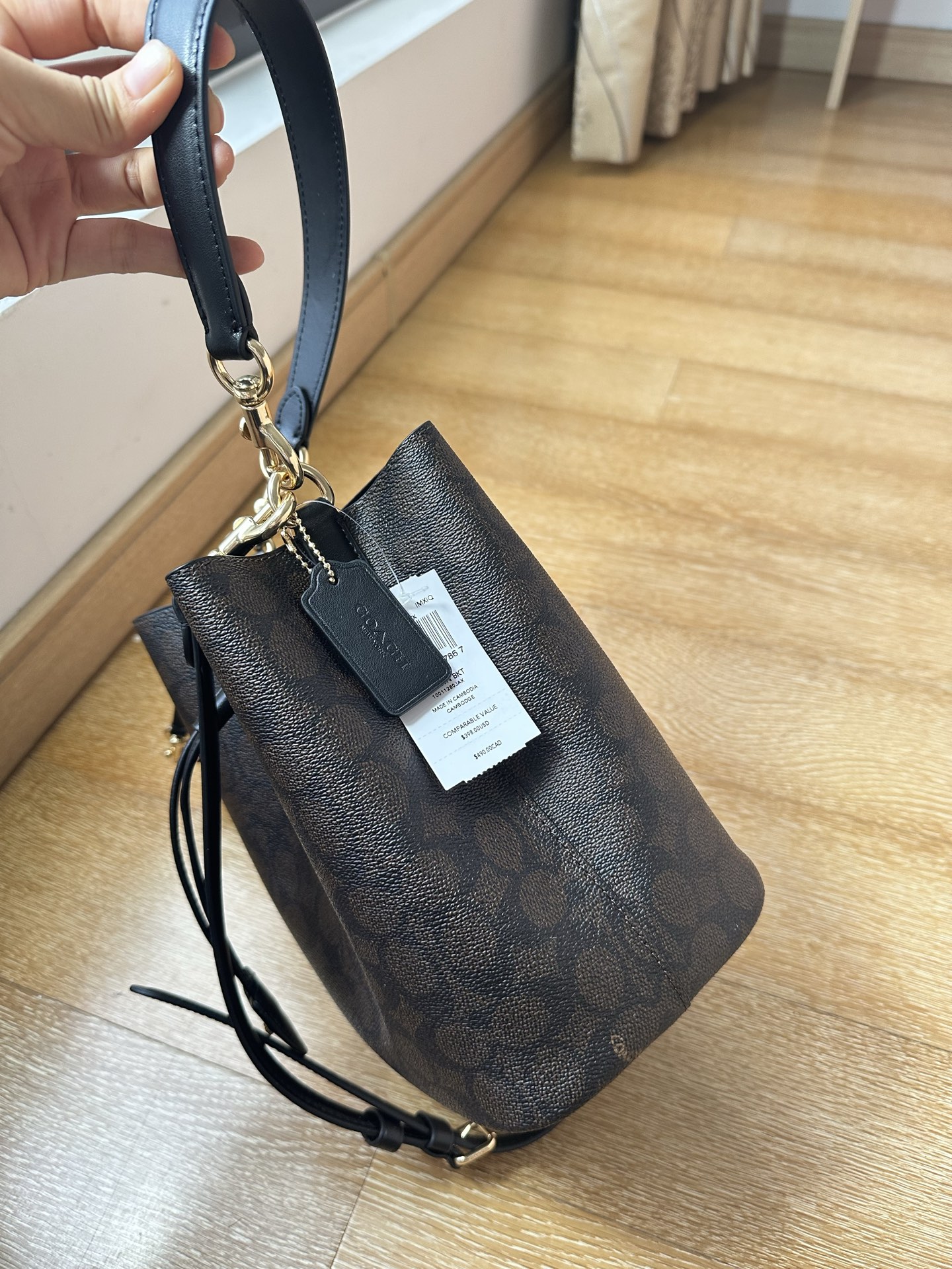 Coach 纯原Coach蔻驰CBH07黑色 老花Rowan抽绳单肩斜挎水桶包 子母包 搭配可拆卸长短带