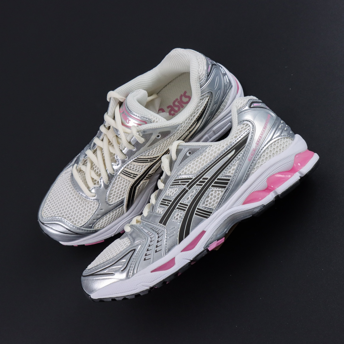 AsicsGel-Kayano14系列银白粉亚瑟士运动休闲透气专业跑鞋轻量舒适透气材质全滴塑鞋面中底3D