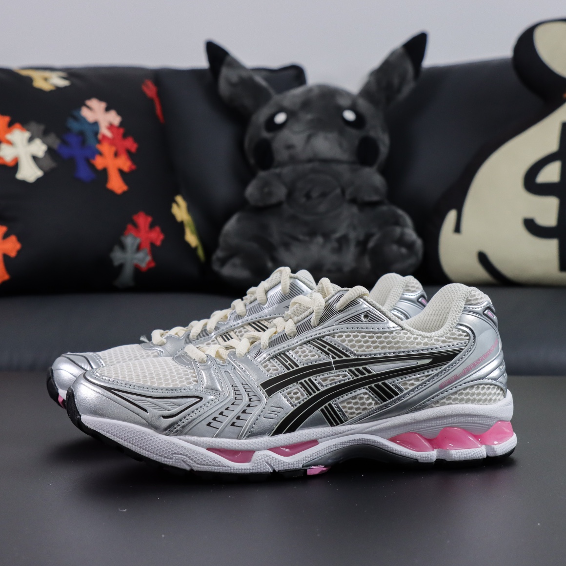 AsicsGel-Kayano14系列银白粉亚瑟士运动休闲透气专业跑鞋轻量舒适透气材质全滴塑鞋面中底3D