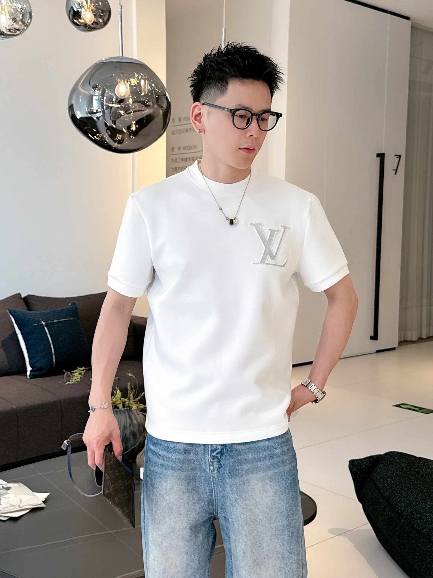 Louis Vuitton AAA+
 Kleding T-Shirt Zwart Wit Borduurwerk Katoen Gebreide katoen Breien Herfst/winter collectie Fashion Korte mouw