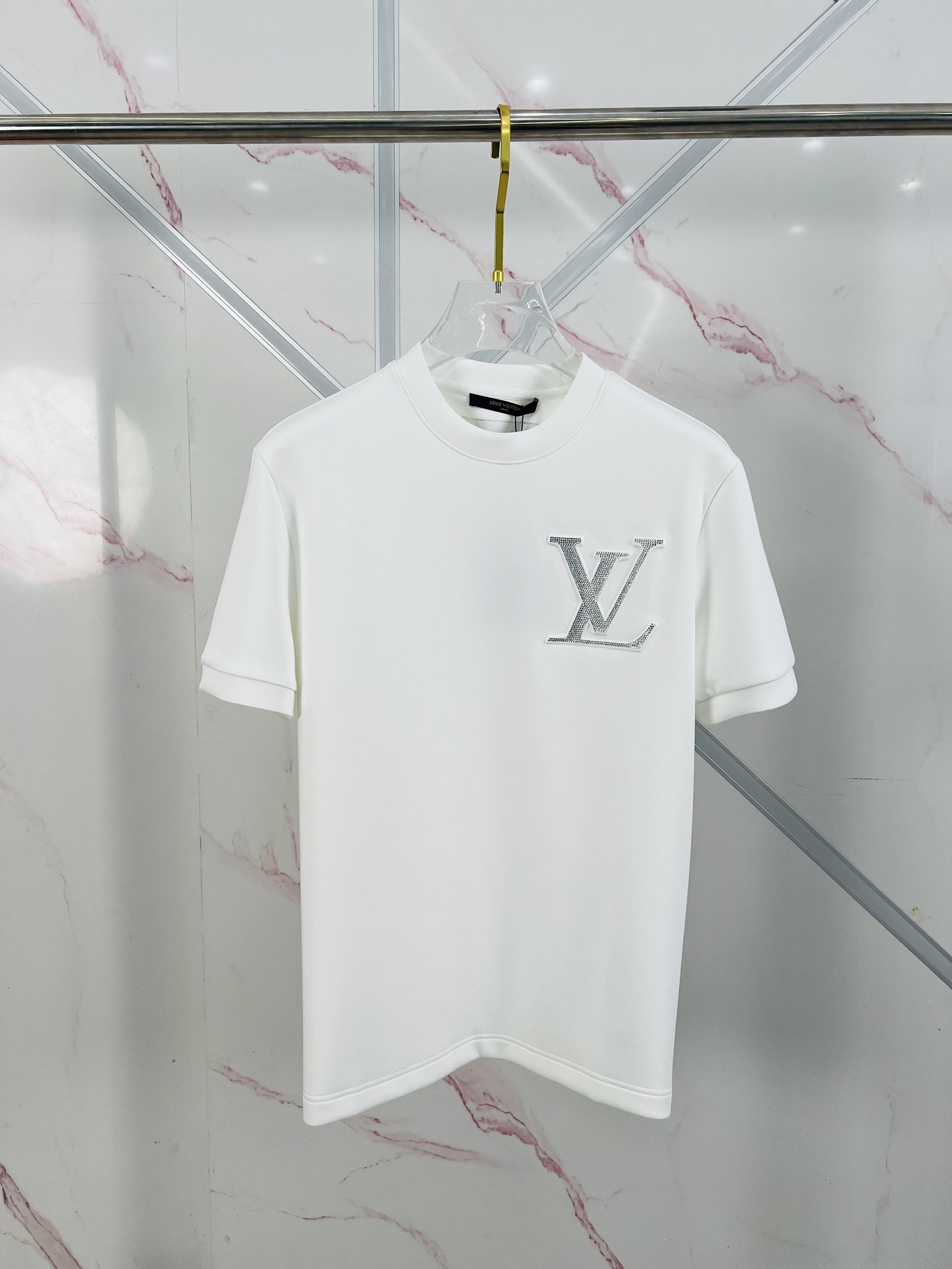 Louis Vuitton Clothing T-Shirt Black White Embroidery Cotton Knitted Knitting Fall/Winter Collection Fashion Short Sleeve