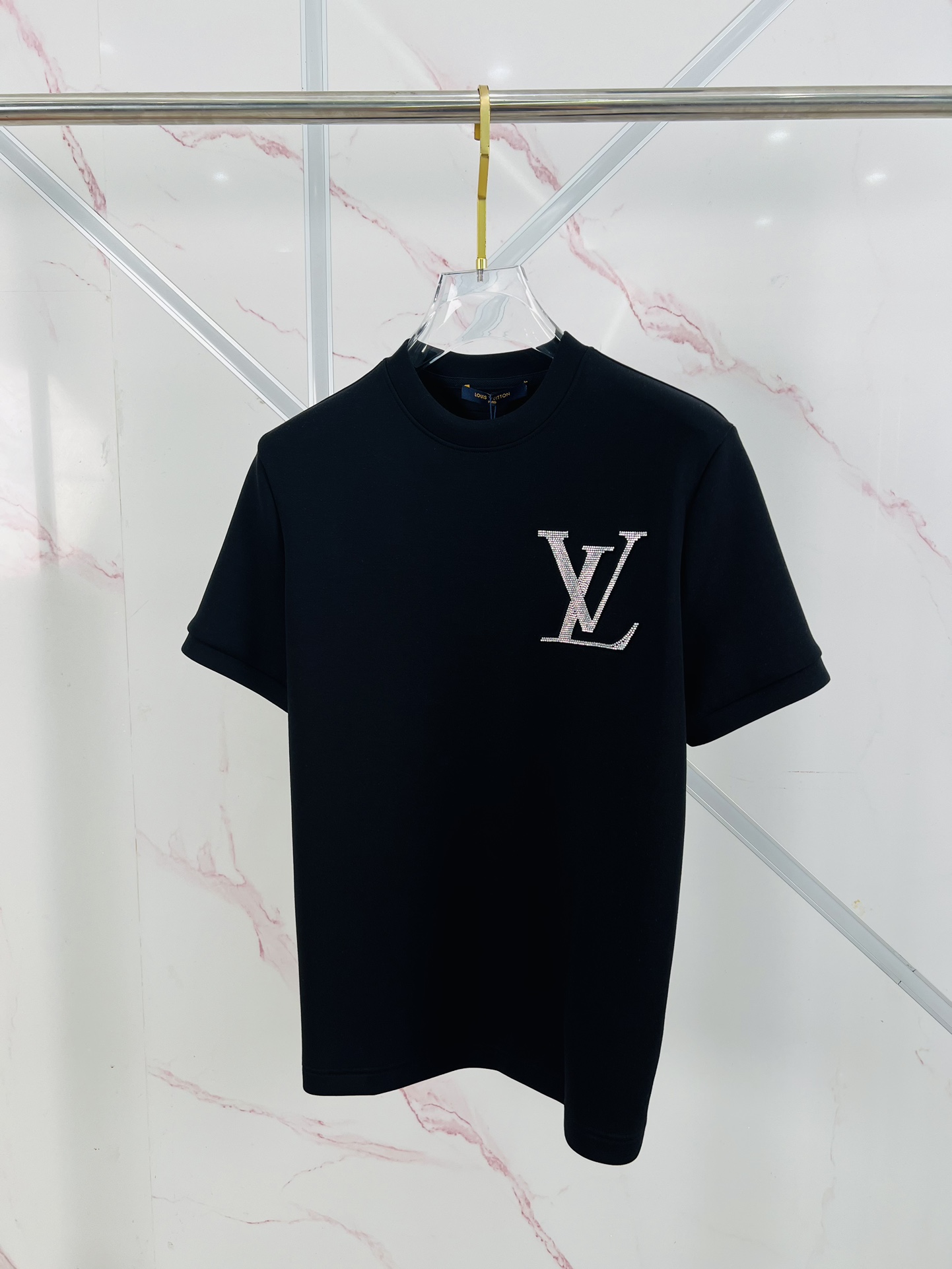 Louis Vuitton Clothing T-Shirt Black White Embroidery Cotton Knitted Knitting Fall/Winter Collection Fashion Short Sleeve