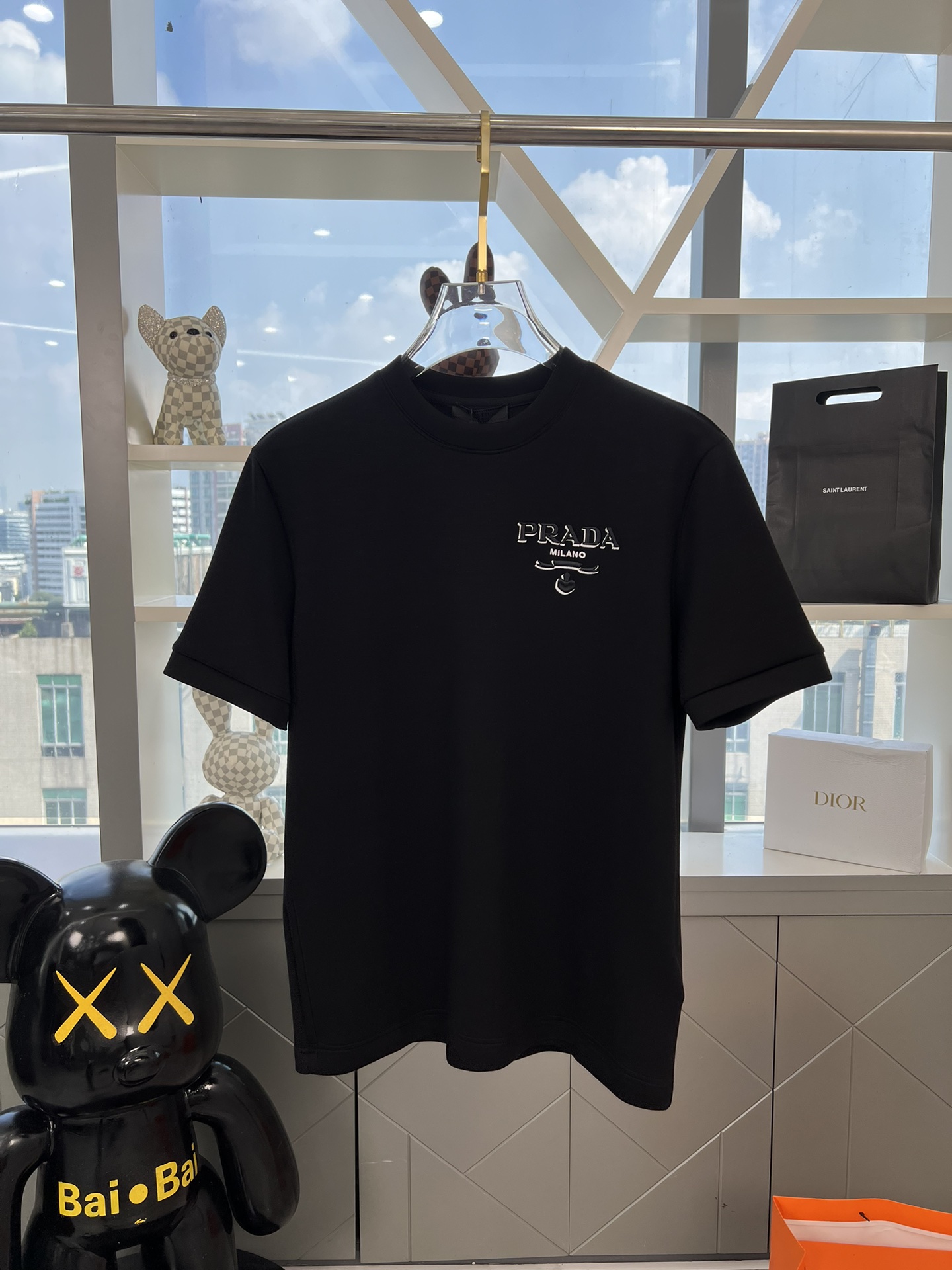 Prada Perfect
 Clothing T-Shirt Black White Embroidery Cotton Knitted Knitting Fall/Winter Collection Fashion Short Sleeve