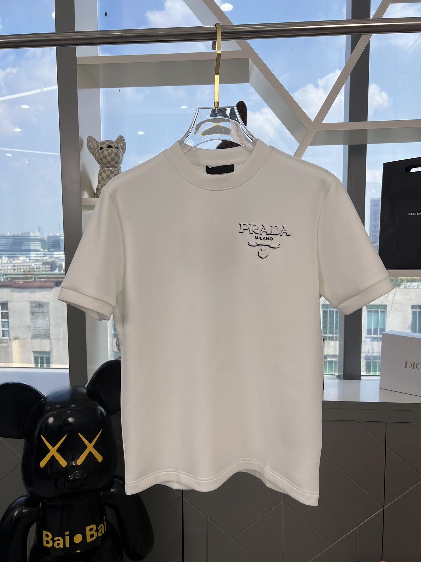 Prada Clothing T-Shirt Black White Embroidery Cotton Knitted Knitting Fall/Winter Collection Fashion Short Sleeve