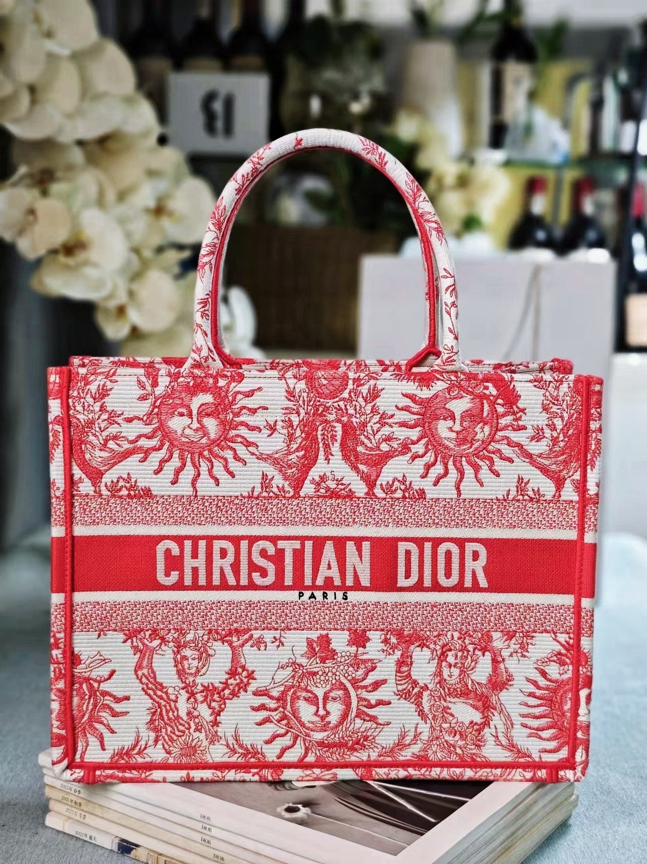 Dior Book Tote Taschen Handtaschen Tragetaschen Rosa Weiß Stickerei