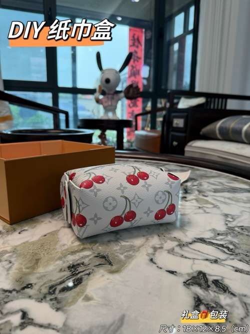 LV White Cherry Pattern Tissue Box Cover, Foldable Leather Home Decor, 18x12x8.5cm 1 LV White Cherry Pattern Tissue Box Cover, Foldable Leather Home Decor, 18x12x8.5cm