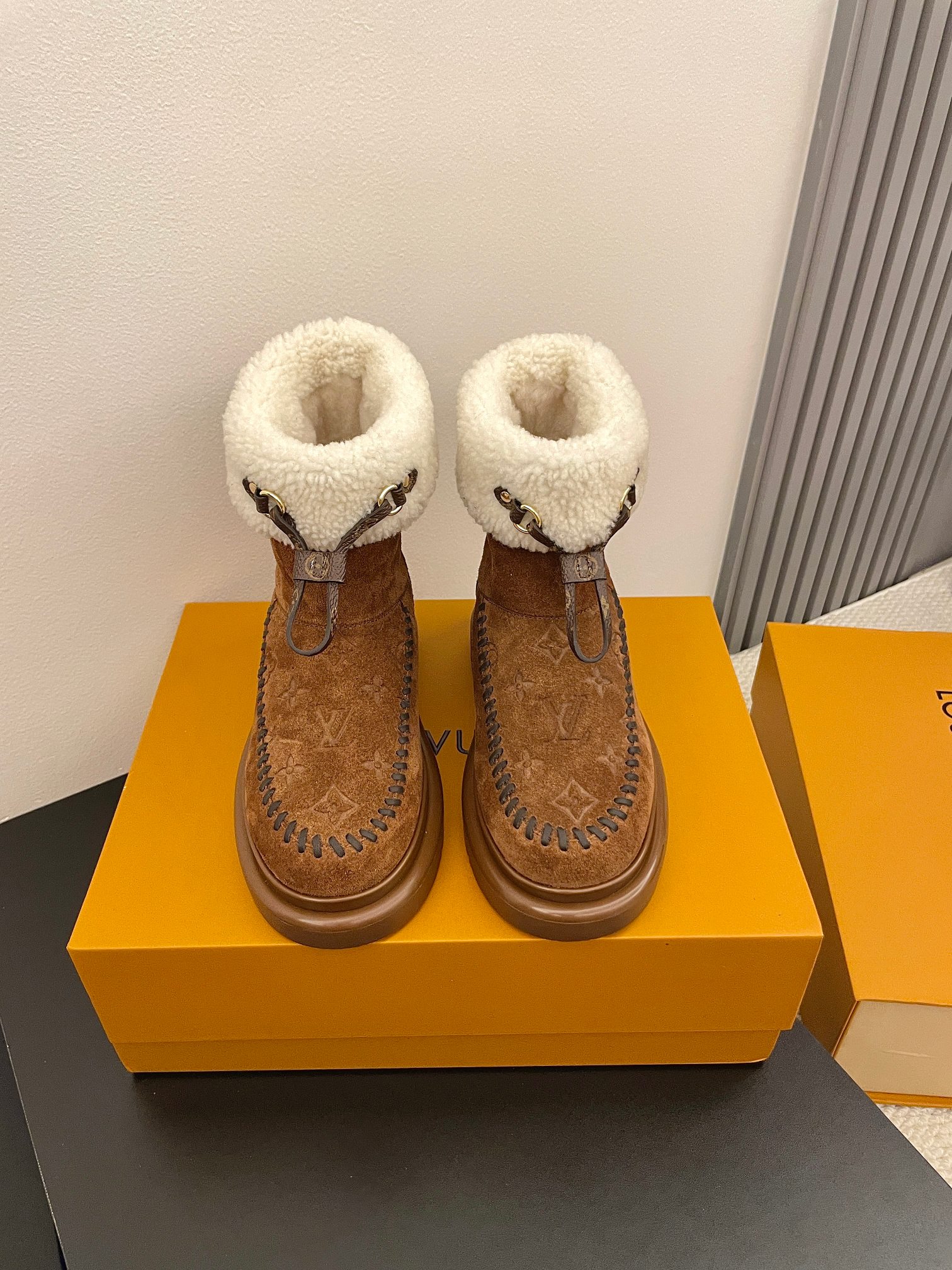 Louis Vuitton Tan Monogram Shearling Moc Boots