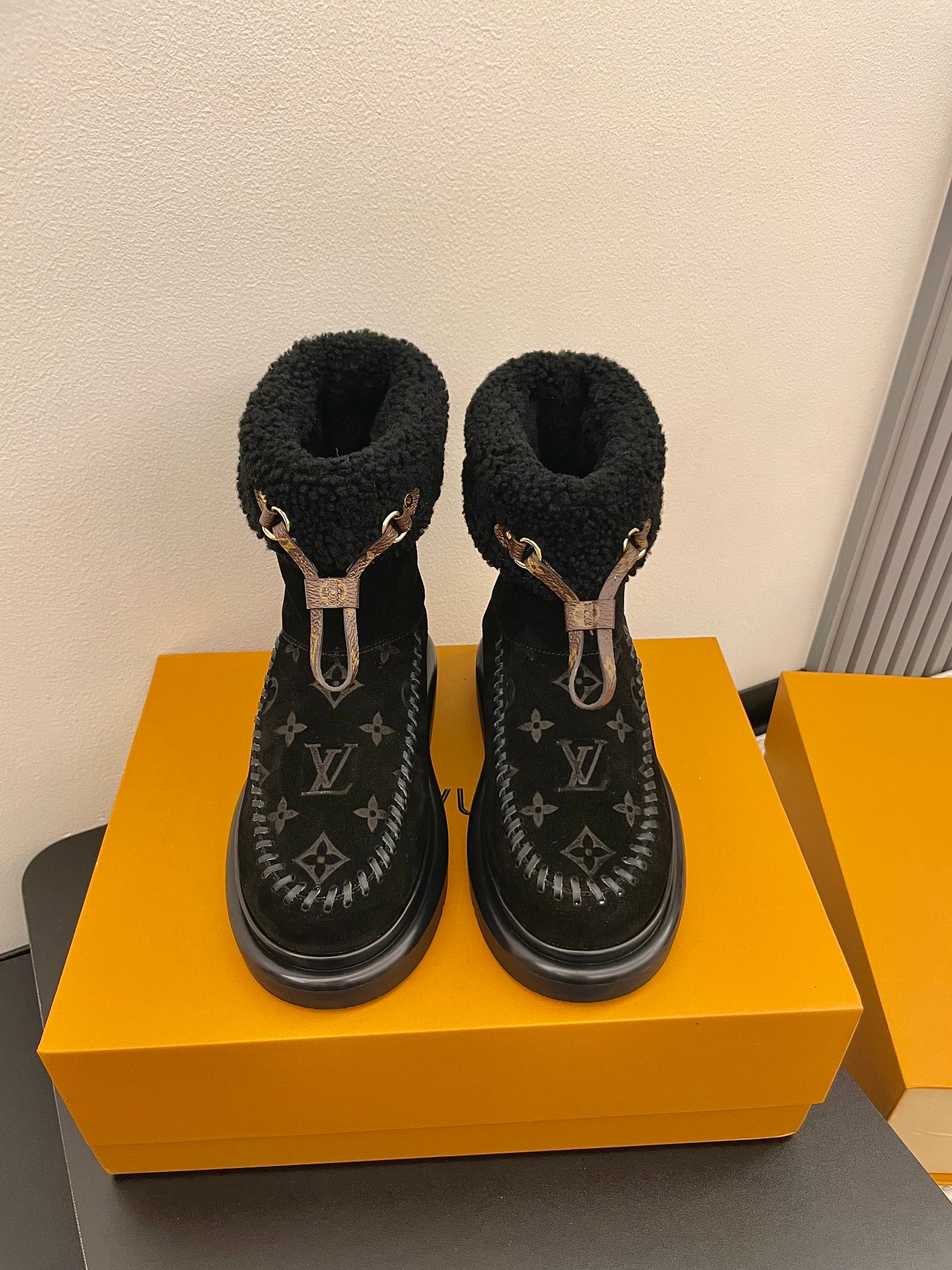 Louis Vuitton Black Monogram Shearling Moc Boots