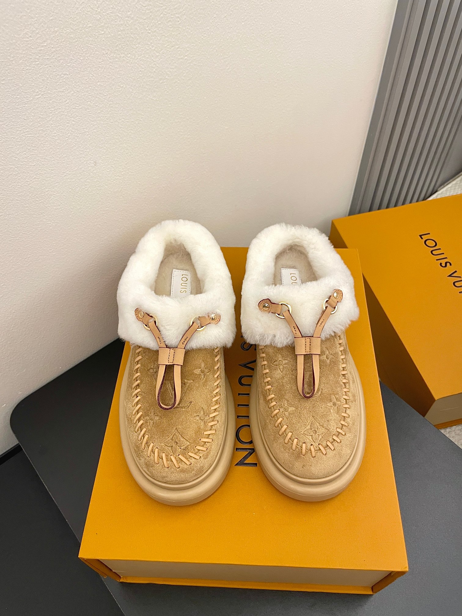Louis Vuitton Beige Shearling Moccasins