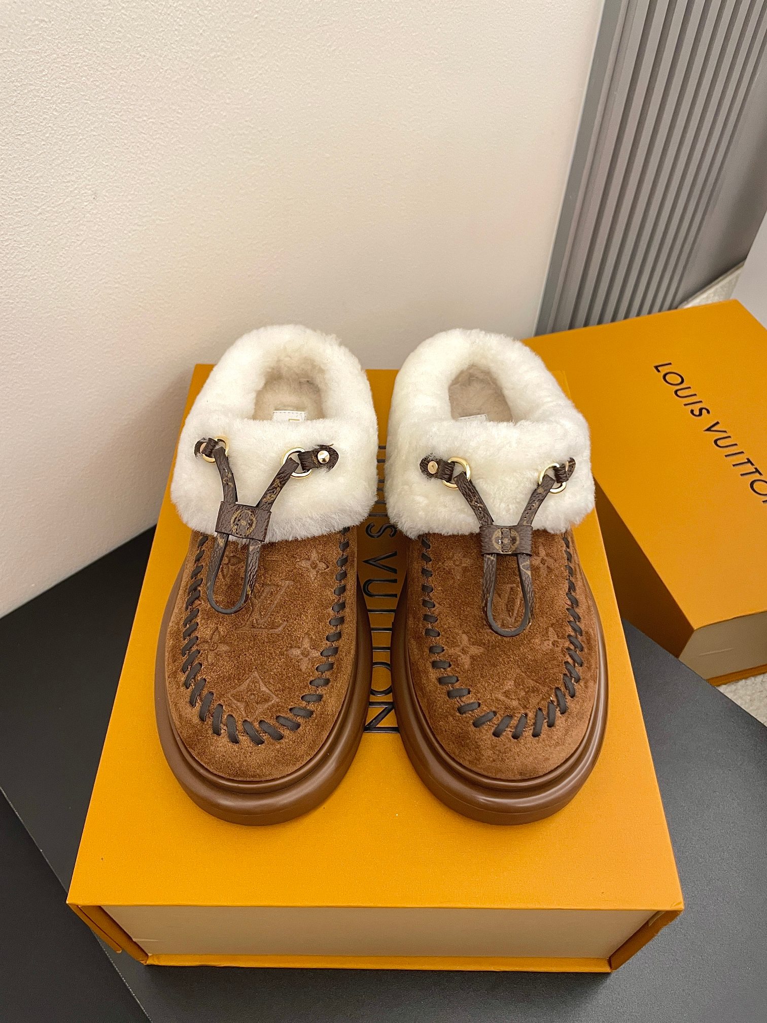 Louis Vuitton Tan Monogram Shearling Moccasins