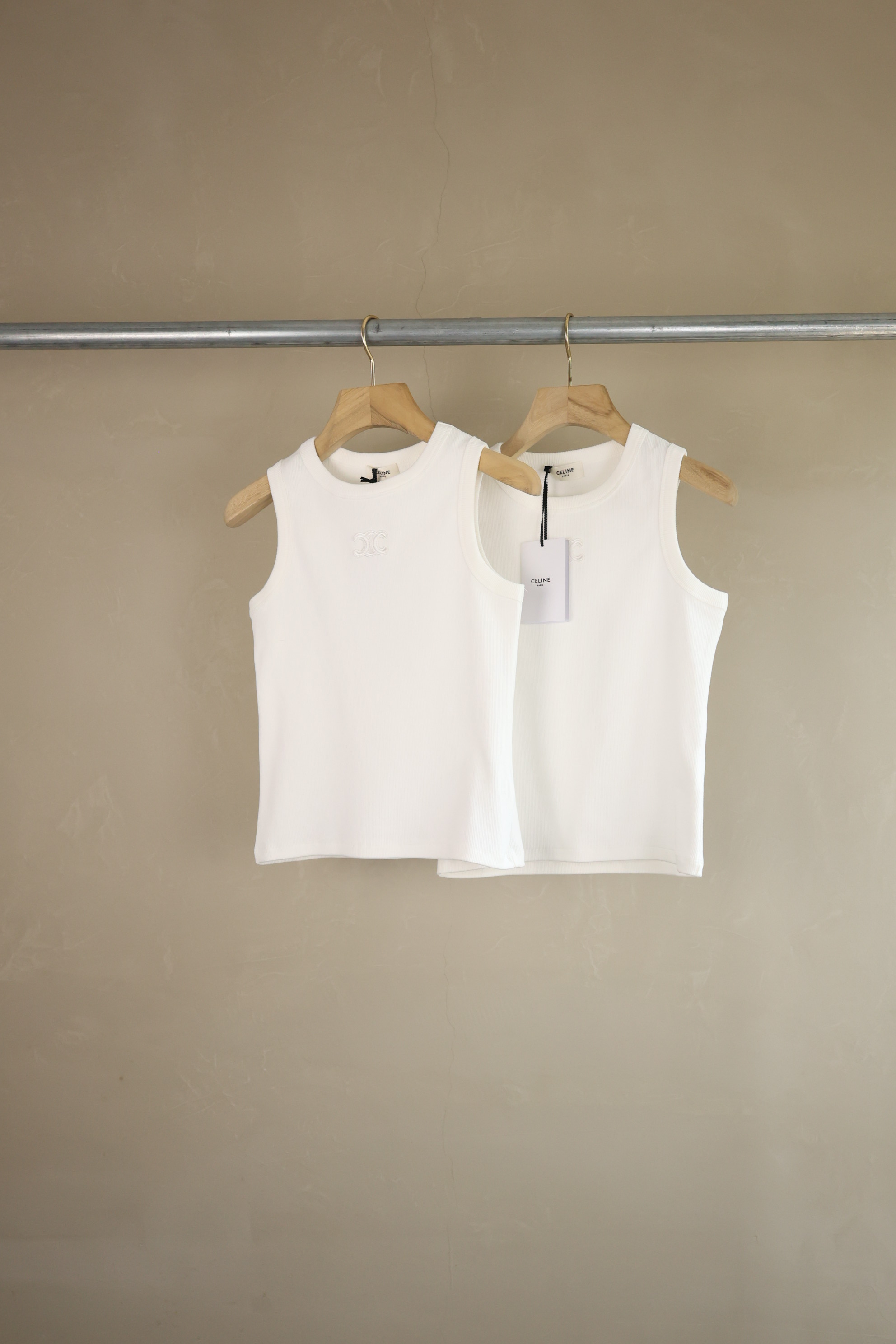 Celine Women's White Ribbed Knit Tank Top with Embroidered Logo - Elegant Style 1 a1745400279456 6716