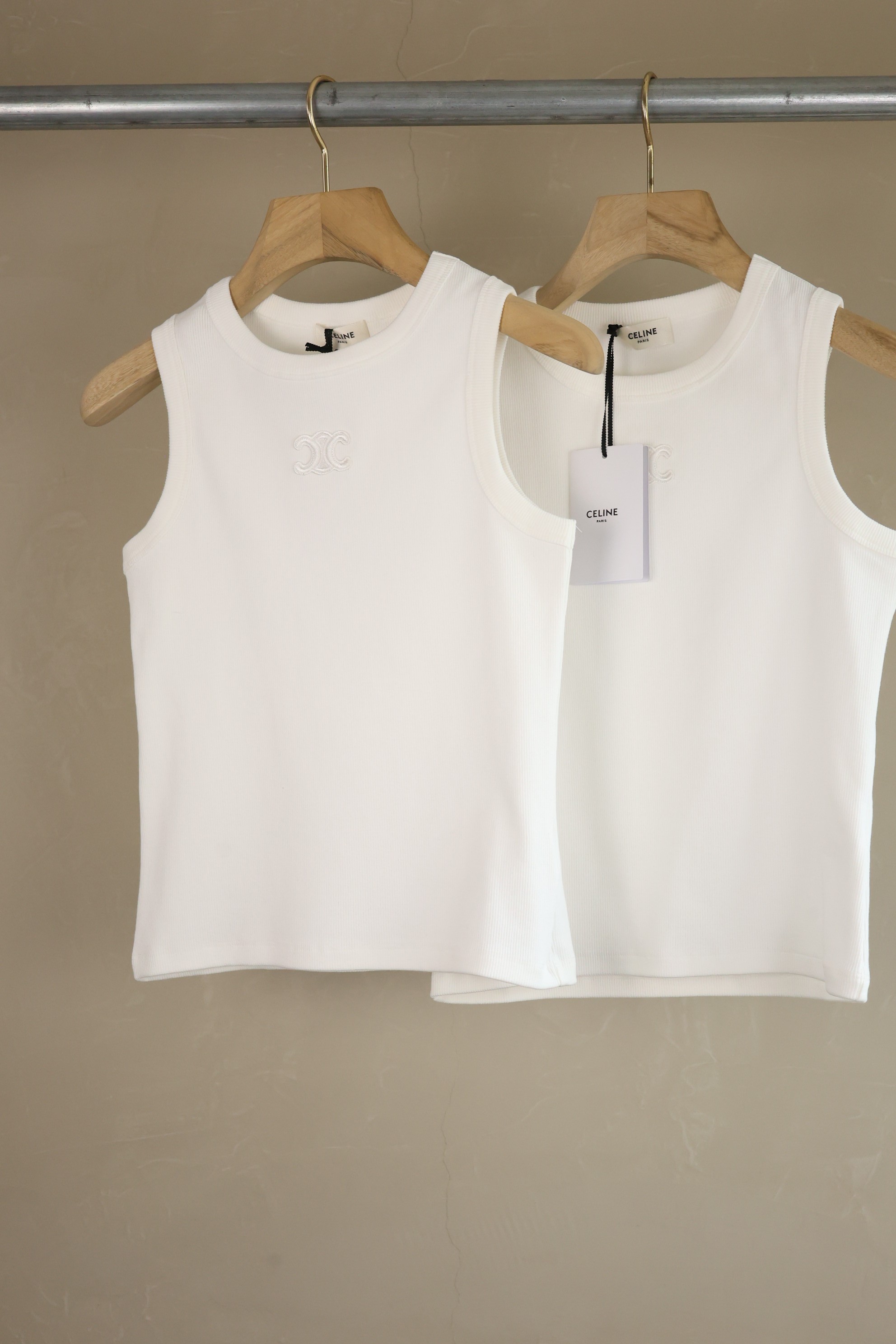 Celine Women's White Ribbed Knit Tank Top with Embroidered Logo - Elegant Style 2 a1745400279613 3530