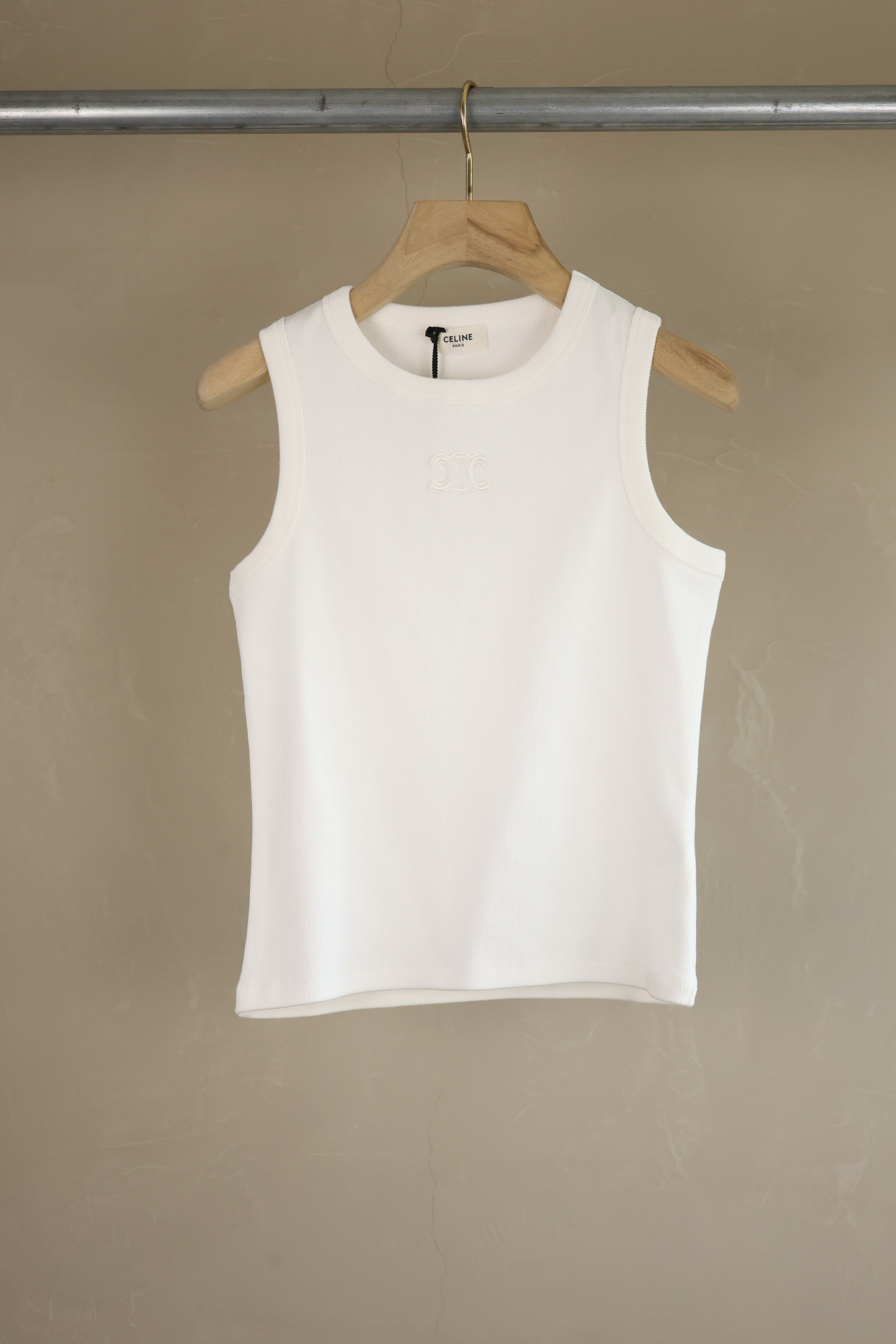 Celine Women's White Ribbed Knit Tank Top with Embroidered Logo - Elegant Style 3 a1745400281118 1615