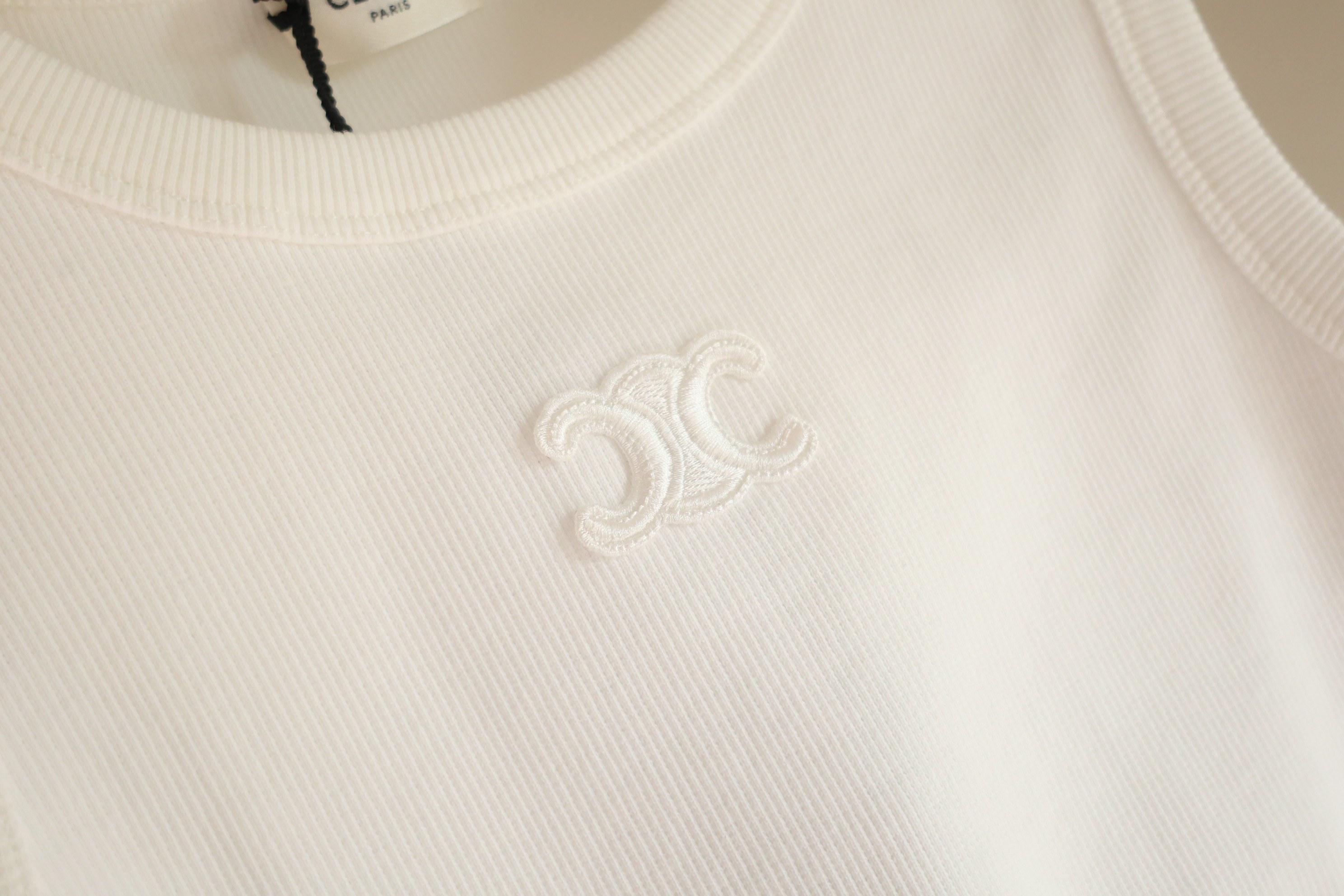 Celine Women's White Ribbed Knit Tank Top with Embroidered Logo - Elegant Style 8 a1745400327374 5737