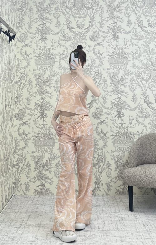 Chanel Peach Printed Wide Leg Pants High Waist Drawstring Summer Casual 1 Chanel Peach Printed Wide Leg Pants High Waist Drawstring Summer Casual