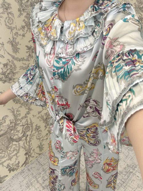 Floral Print Shirt and Pants Set Ruffle Trim Sparkly Sequins Lightweight Silk 1 Floral Print Shirt and Pants Set Ruffle Trim Sparkly Sequins Lightweight Silk