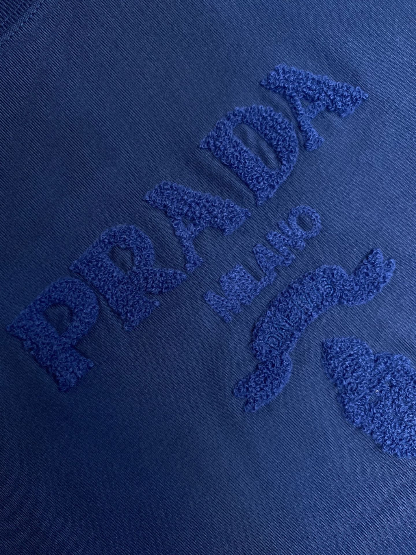 P230🌟🌟Prada、PD大logo毛巾绣蓝色短袖T恤
 这款蓝色毛巾绣短袖，将时尚与质感完美融合。主体采用99%棉搭配1%聚酯纤维，亲肤舒适又不失挺括。胸前“PR**A MILANO” 标志性元素以毛巾绣工艺呈现，立体饱满，彰显品牌格调。简约圆领设计，适配各种身形，无论是搭配休闲短裤还是牛仔裤，都能轻松打造出吸睛的时尚造型，是提升穿搭品味的必备单品。

尺码：XS-L