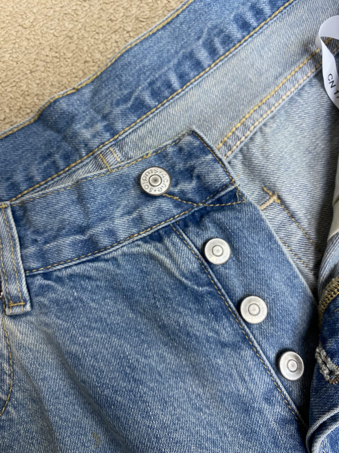 Acne Studios Ink Jeans with Custom Mackerel Cloths, Light Blue Wash, Eye Buttons. - 图片 5