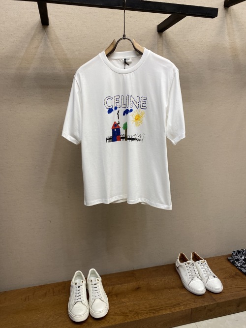 Celine White Cotton T-Shirt with Whimsical Graphic Print, Short Sleeve 1 Celine White Cotton T-Shirt with Whimsical Graphic Print, Short Sleeve