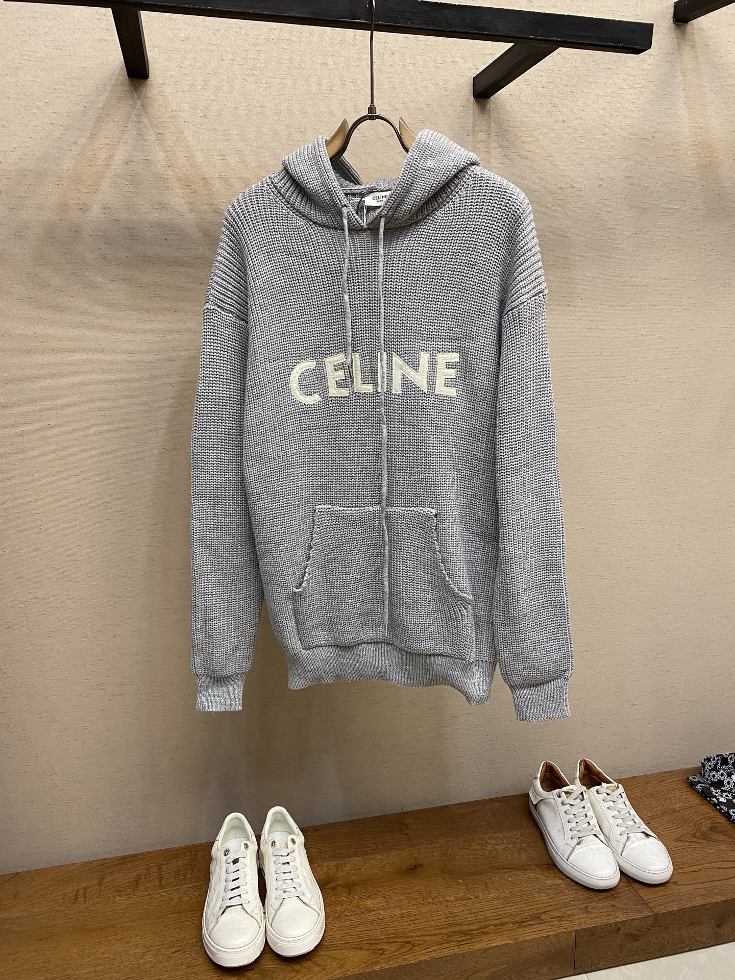 Embroidered Hoodie by Celine: Wool-Cotton Blend, Plasma Embroidery, Velvet Graft, Various Sizes