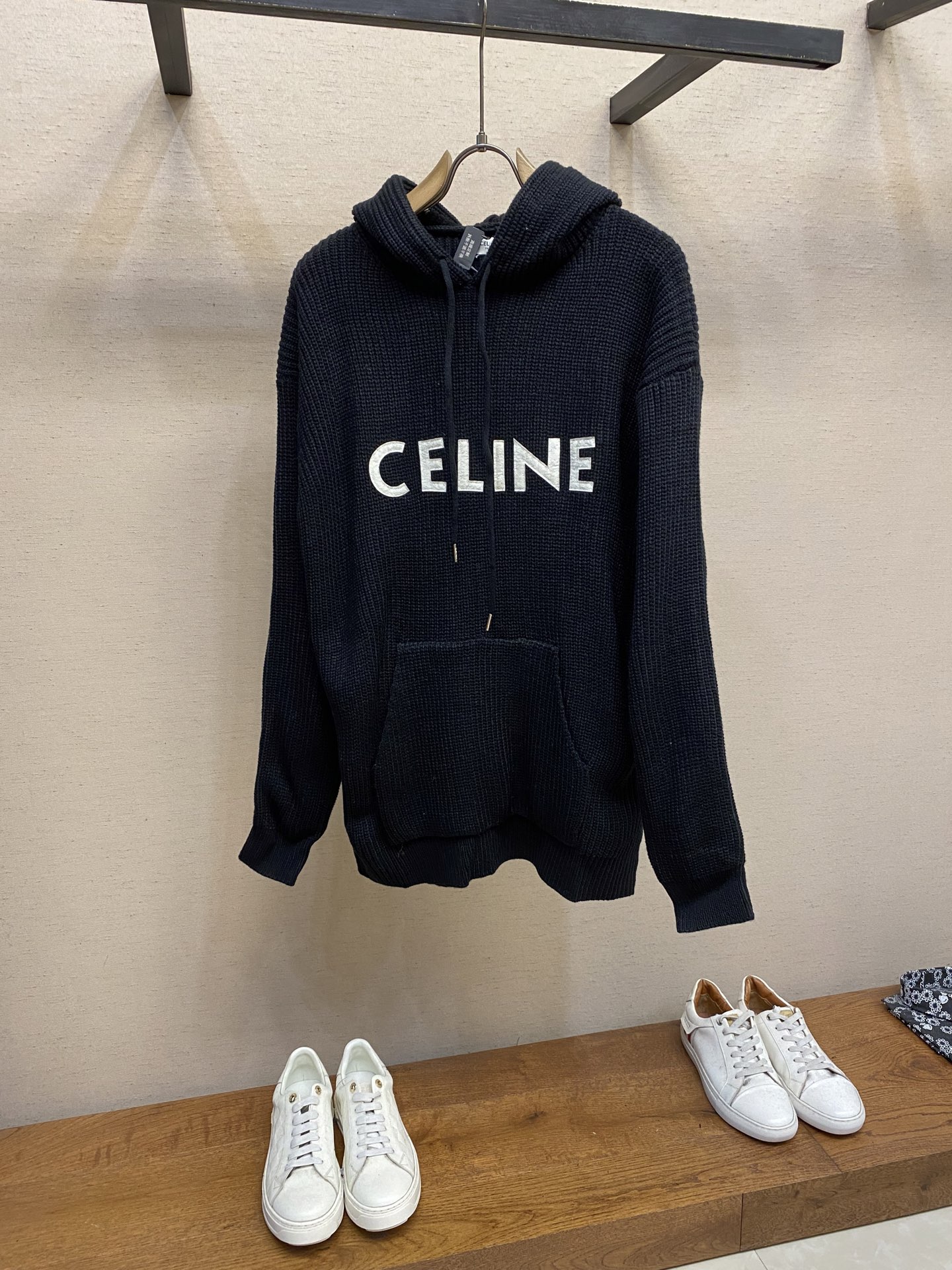 Embroidered Celine Hoodie in Premium Wool-Cotton Blend with Velvet Details.