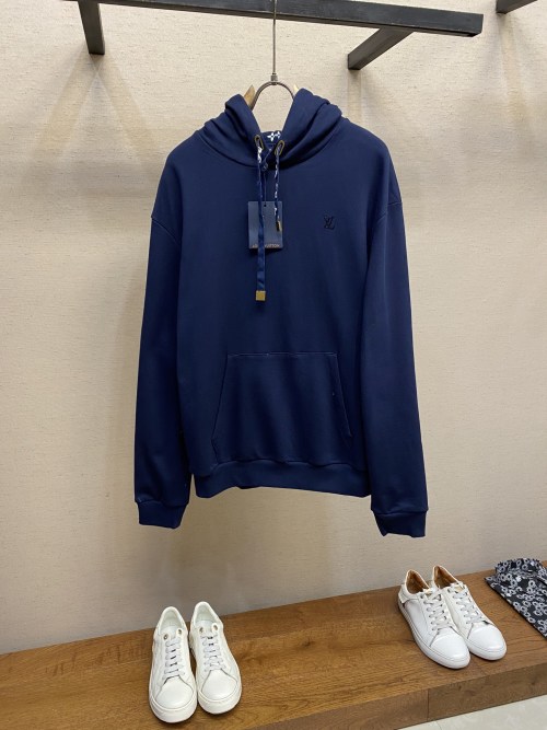Louis Vuitton Navy Blue Logo Pocket Long Sleeve Cotton Hoodie For Men 1 Louis Vuitton Navy Blue Logo Pocket Long Sleeve Cotton Hoodie For Men