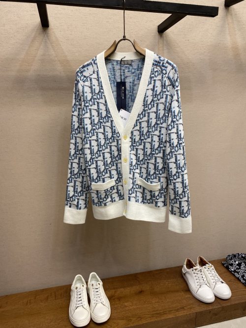 Dior Oblique Jacquard Wool Cardigan, White and Blue, Size XS-L 1 Dior Oblique Jacquard Wool Cardigan, White and Blue, Size XS-L