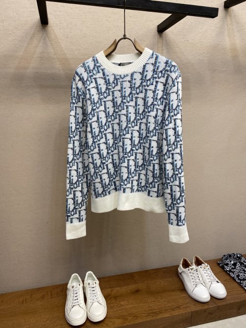 Dior Oblique Jacquard Wool Sweater - White and Blue, Ribbed Crewneck 1 Dior Oblique Jacquard Wool Sweater - White and Blue, Ribbed Crewneck