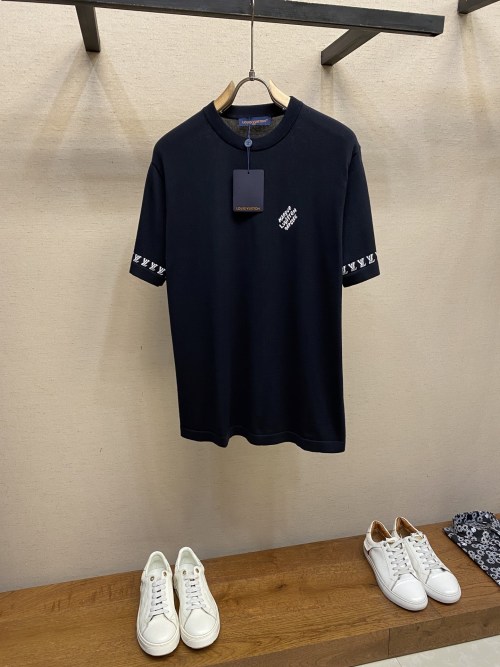 Louis Vuitton Men's Cotton Knit T-Shirt with Jacquard Logo - Spring/Summer Collection 1 Louis Vuitton Men's Cotton Knit T-Shirt with Jacquard Logo - Spring/Summer Collection