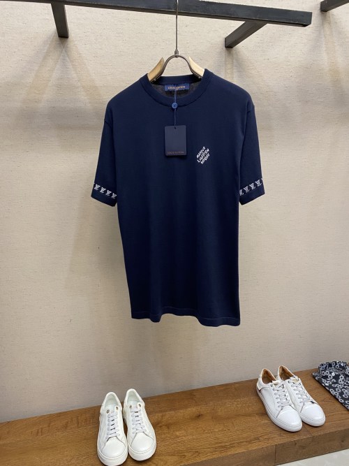 Louis Vuitton Men's Navy Cotton T-Shirt with Jacquard Logo Details