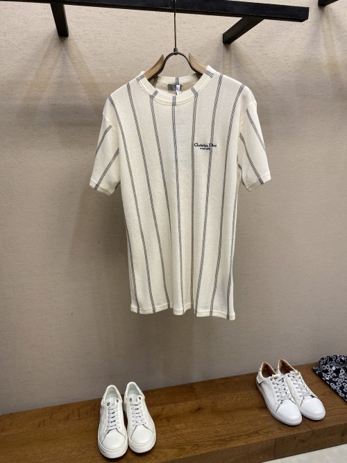 Dior Striped Linen-Blend Short Sleeve T-Shirt, Relaxed Fit