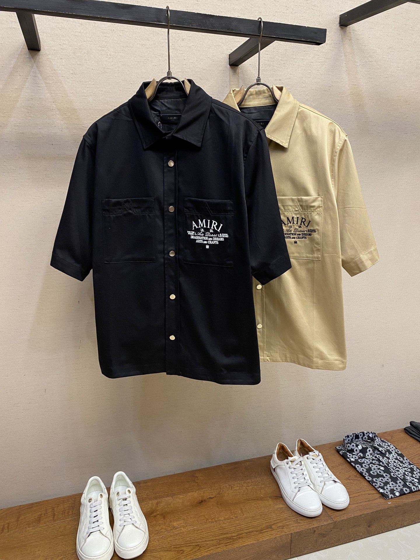 Amiri24ss Summer Shirt: Tweeded Cotton with Machine Embroidery – Black & Khaki, Sizes S-L - 图片 3