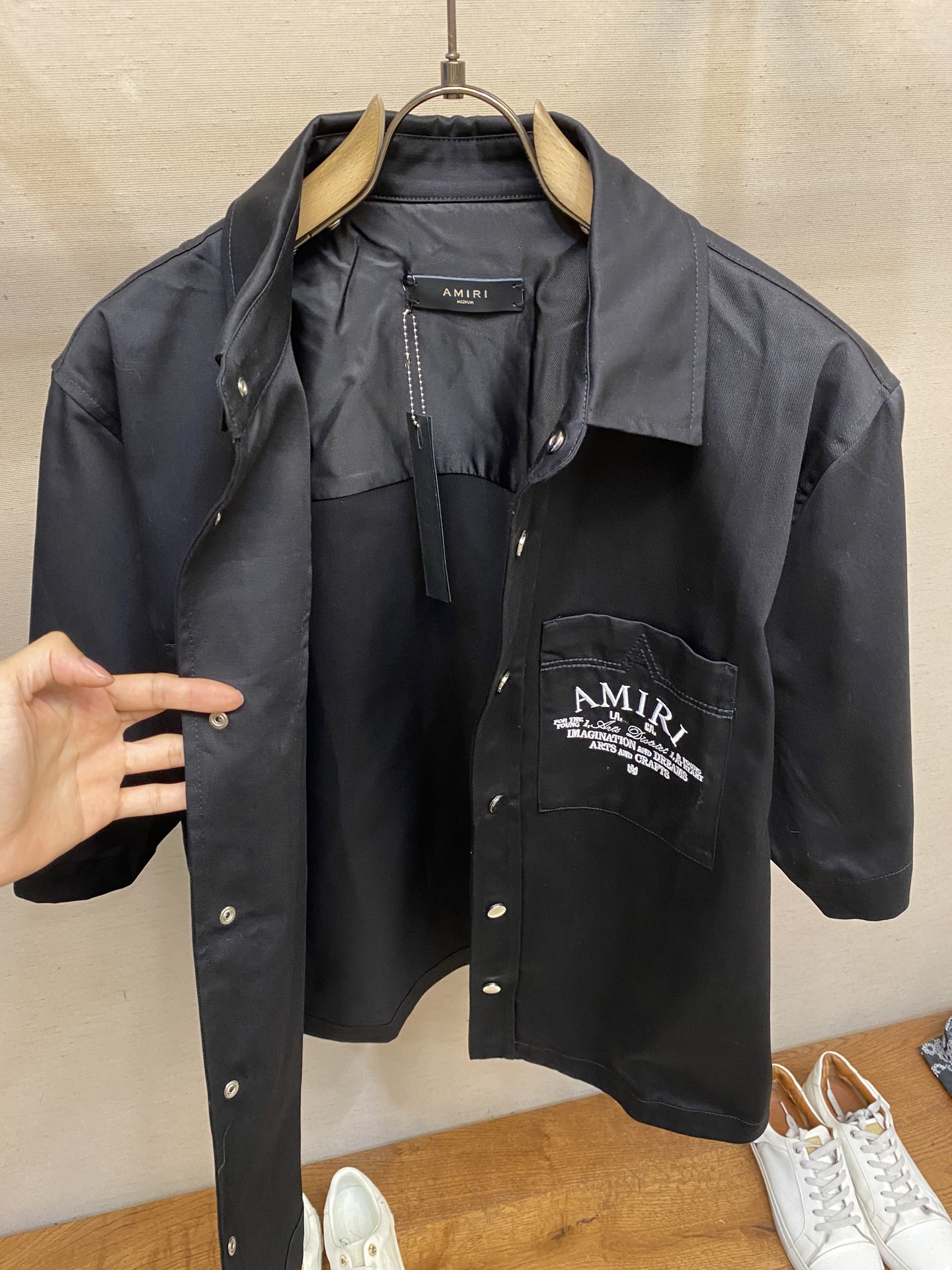 Amiri24ss Summer Shirt: Tweeded Cotton with Machine Embroidery – Black & Khaki, Sizes S-L - 图片 8
