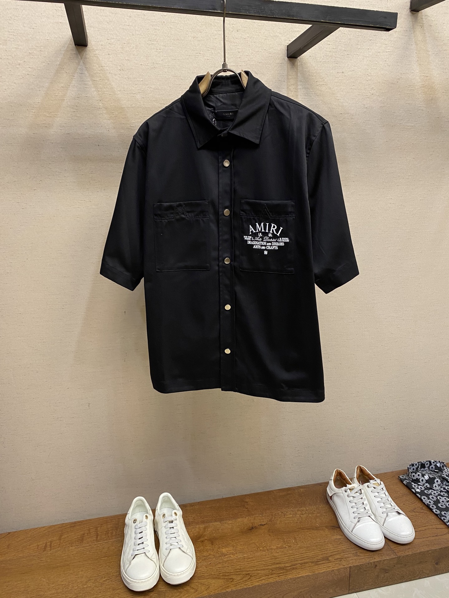 Amiri24ss Summer Shirt: Tweeded Cotton with Machine Embroidery – Black & Khaki, Sizes S-L - 图片 1