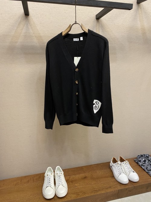 Burberry Wool Cardigan with Embroidered Logo, Women's Knitwear, Black
