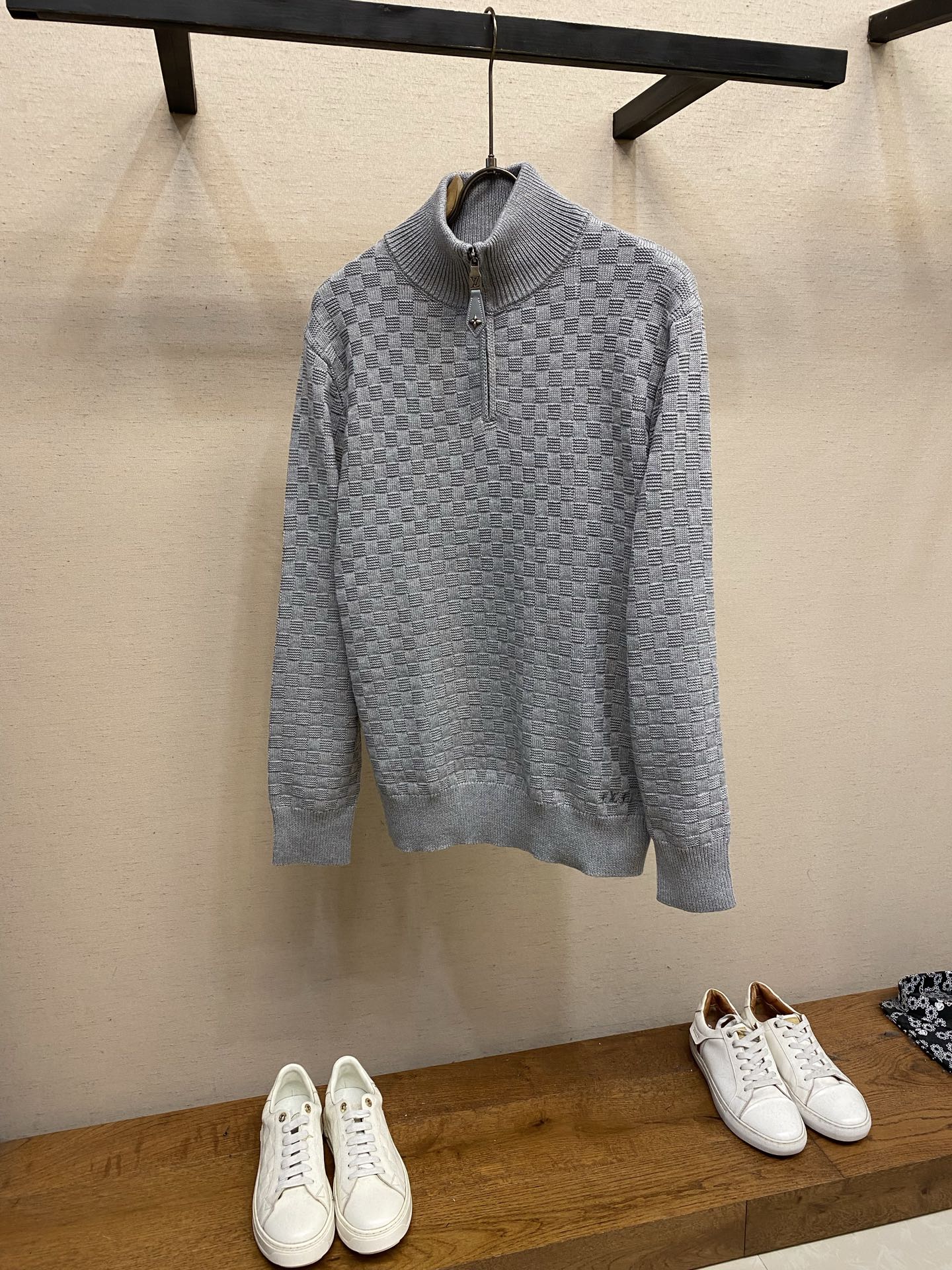 Louis Vuitton Gray Check Half-Zip Sweater