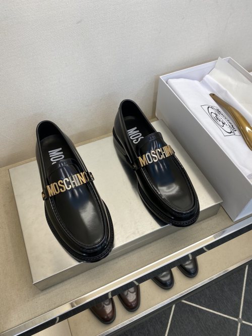 Moschino Men's Black Leather Derby Shoes with Gold Logo Hardware 1 Moschino Men's Black Leather Derby Shoes with Gold Logo Hardware