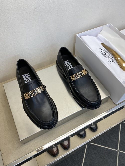 Moschino Leather Loafers with Gold Logo - Italian Leather Sole, Black