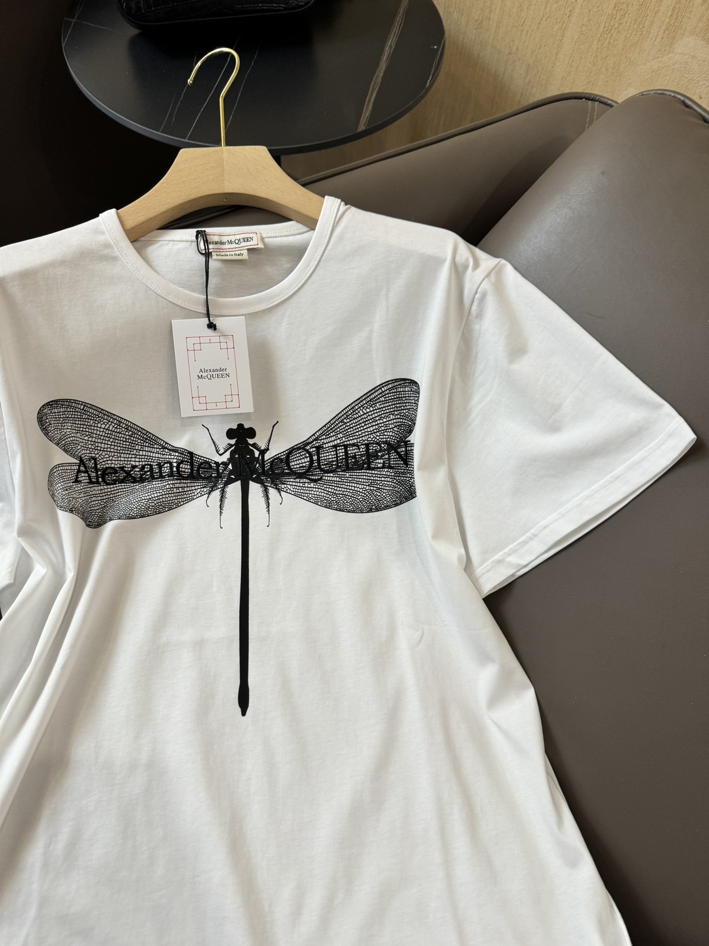 QG24049#新款T恤MQ麦昆/alexanderMcqueen蜻蜓印花短款宽松T恤白色SML