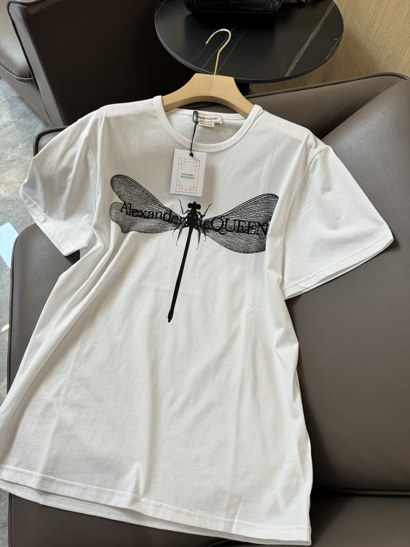 QG24049#新款T恤MQ麦昆/alexanderMcqueen蜻蜓印花短款宽松T恤白色SML