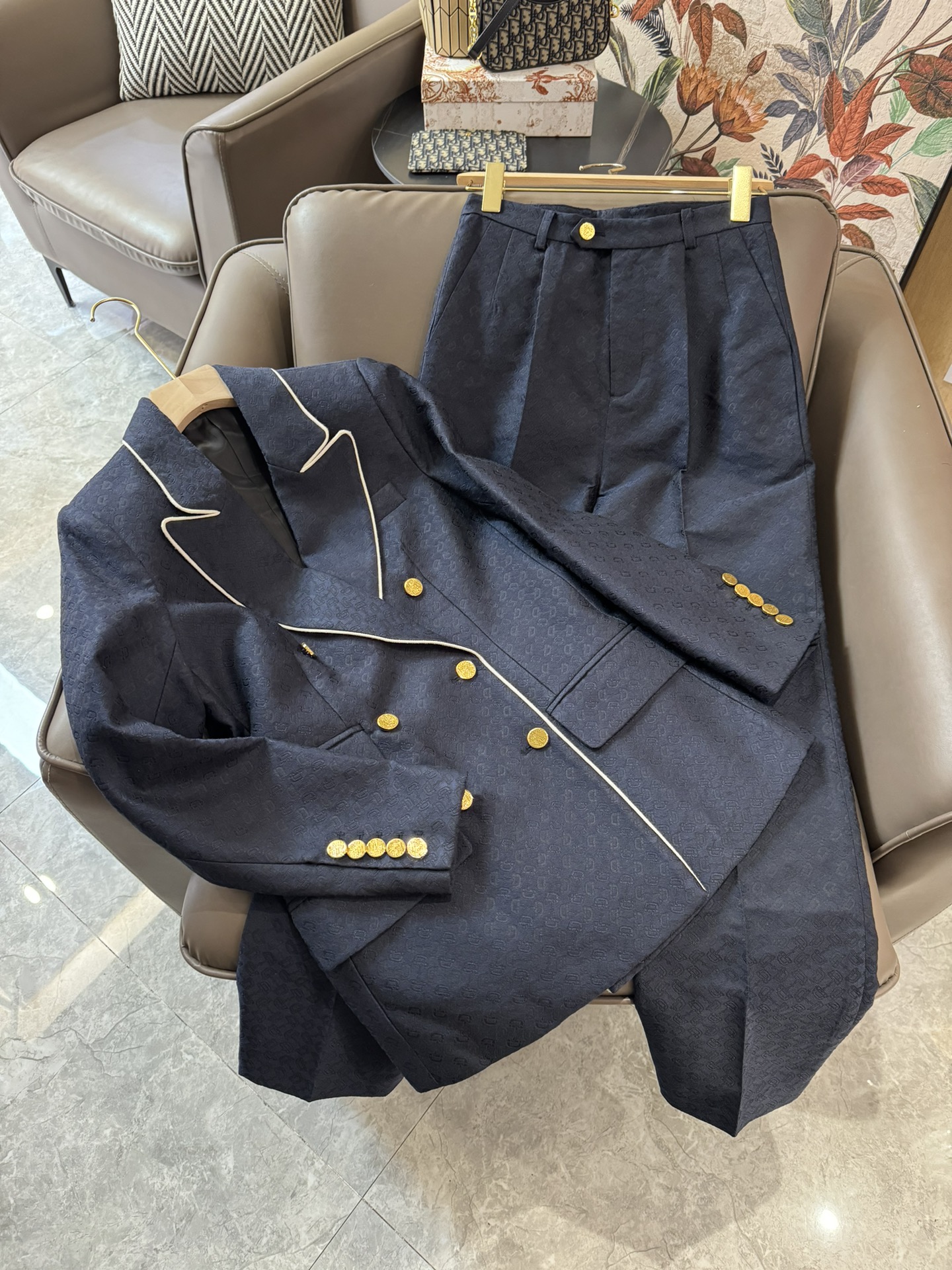 XZ24013#新款套装Gucci提花西装外套长裤套装蓝色SMLXL